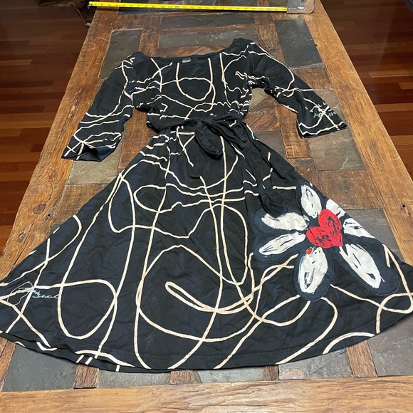 Desigual Black and White Midi Dress with Red Heart - Picture 1 of 11